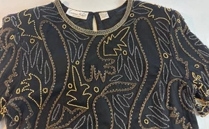 Laurence Kazar TOP CRUISE WEAR Black Silk Short Sleeve GOLD  Beaded Lined LARGE - Picture 1 of 6