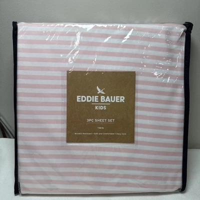 Eddie Bauer Kids 3 Piece Twin Sheet Set NWT Pink And White Stripe New - Image 1 of 4
