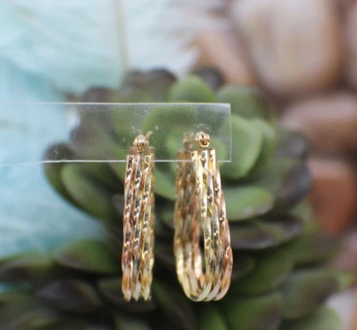 Solid 14k Tri-color Gold Textured Hoop Earrings Wide Oval Shiny Solid - Image 1 of 4