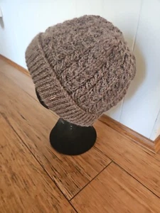 HAND KNITTED CABLED WOOL AND ALPACA BEANIE (medium) Brown - Picture 1 of 4