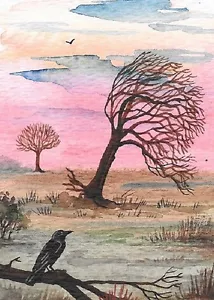 PRINT OF WATERCOLOR PAINTING ACEO RYTA SYMPATHY CROW RAVEN LANDSCAPE Halloween - Picture 1 of 1