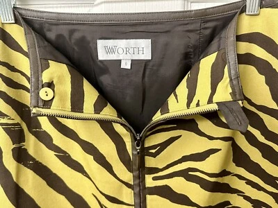 Worth New York Size 8 Skirt, Full Zip￼, Brown/Yellow Zebra Print, 94% Cotton - Image 1 of 4