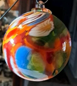 Schöne Kunstglas Hexenkugel mundgeblasen mehrfarbig Glasplatte Glashänger - Bild 1 von 6