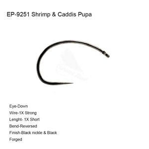Eupheng 100pcs EP-9251 Shrimp Caddis Pupa Down Eye Black Nickel Fly Fishing Hook