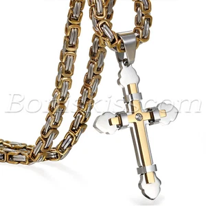 Men's Heavy Stainless Steel Double Layer Cross Pendant Necklace Byzantine Chain - Picture 1 of 19