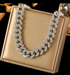 Fashion Jewelry Thick Stainless Steel Silver Cuban Link Pendant Necklace 605 - Picture 1 of 5