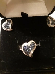 10k Wg 1ct BLUE SAPPHIRE / DIAMOND HEART SHAPE RING or EARRINGS (RING SOLD) - Picture 1 of 9