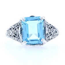Sterling Blue Topaz Solitaire Filigree Ring - 925 Emerald Cut 4.00ct Size 7 1/2