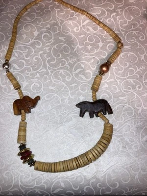 老式手工雕刻木制非洲丛林野生动物园串珠 32 英寸项链 — 第 1/4 张图片