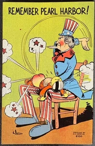 WW II US LINEN POSTCARD-REMEMBER PEARL HARBOR-UNCLE SAM SPANKS JAPANESE PERSON - Picture 1 of 2