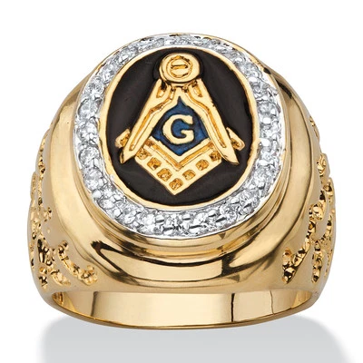 Men's .31 TCW Enamel and Cubic Zirconia Gold-Plated Masonic Nugget Ring - Image 1 of 4