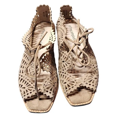 Jeffrey Campbell Laser Cut Suede Lace Up Peep Toe Wedge Sandal Tan Women Size 7 - Image 1 of 4