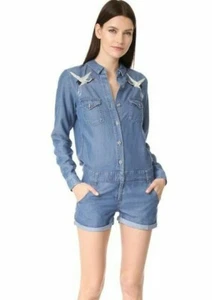 The Kooples Jeans Blue Bird Embroidered Chambray Open Back Romper Size XS - Picture 1 of 6