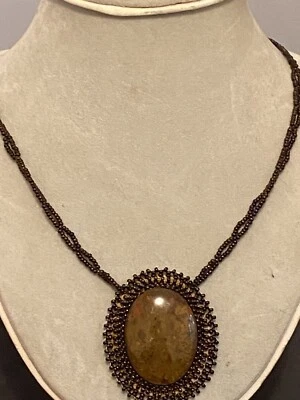 HAND BEADED NECKLACE WITH LARGE BROWN AGATE STONE PENDANT - ARTISAN JEWELRY - Image 1 of 3