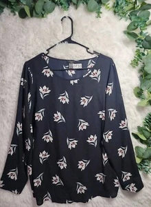 [733] Ann Taylor Camicetta tunica floreale blu navy PL Petite Size da donna - Foto 1 di 7