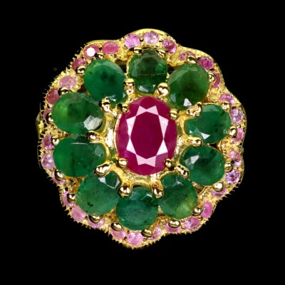 Summer 925 Silver Ring Oval Ruby 7x5mm Emerald Gemstone Jewelry Size 6.5 - Image 1 of 4