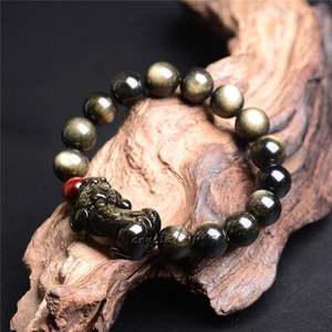 Brazalete Gragon Pi Xiu AAA de piedras preciosas de obsidiana de oro natural genuino de 13-14 mm  - Imagen 1 de 3