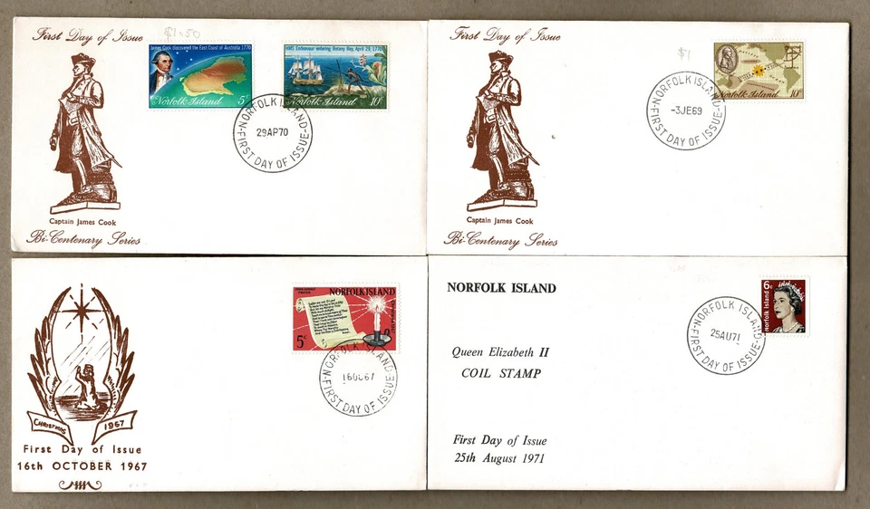 Norfolk Island 1967 - 1971 Cook QEII Navidad FDC Cubierta x4 Sin Sellar Foto 1 de 1