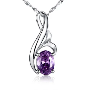 Real 925 Sterling Silver Pendant Necklace Simulated Amethyst FEB Birthstone Oval - Picture 1 of 7