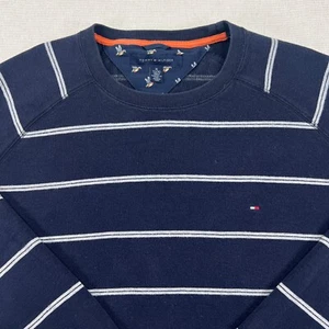 Tommy Hilfiger Sweater Men's XL Navy Blue Striped Crew Neck Cotton Knit Logo Y2K - Picture 1 of 8