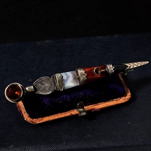 Antique Scottish Kilt Pin Dagger Brooch Sterling Silver Citrine Agate Jasper - Picture 1 of 7