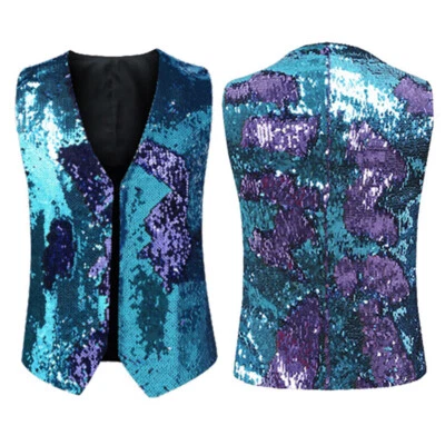 Men Reversible Two Tone Sequin Waistcoat Gilet Shiny Glitter Wedding Party Dance - Image 1 of 4