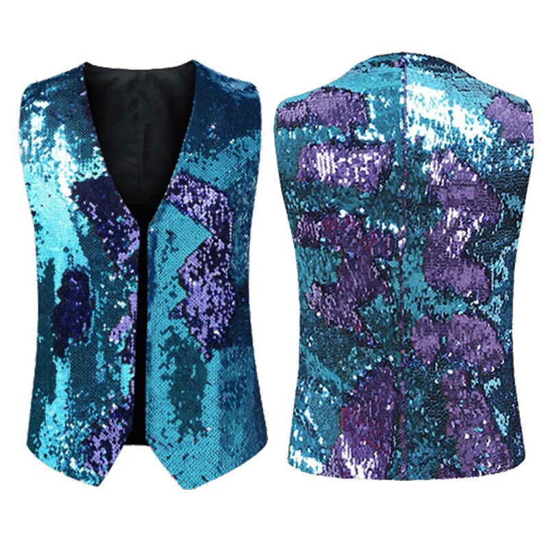 Men Reversible Two Tone Sequin Waistcoat Gilet Shiny Glitter Wedding Party Dance - Image 1 of 4