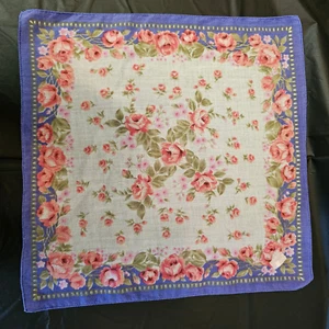 VTG Pink Roses Handkerchief Square Hankie Blue Border Floral Gift Decor READ - Picture 1 of 5