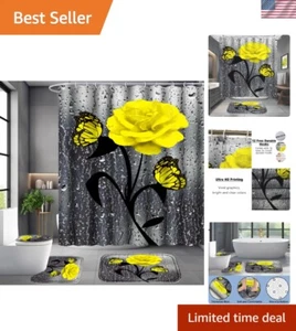 Romantic Yellow Rose Bathroom Set - Waterproof Shower Curtain & Rugs Included - Picture 1 of 8