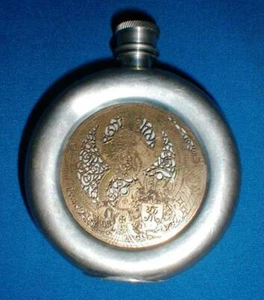 ANTIQUE ALCHEMY PEWTER - SHEFFIELD ENGLAND - 2 TONE METAL FLASK - FLUX INDUCTOR - Picture 1 of 6
