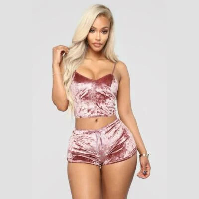 Conjunto de 2 PIEZAS Lencería Sexy de Terciopelo para Mujeres Ropa de Dormir Prendas para el torso + Conjunto de Pijama Corto Foto 1 de 2