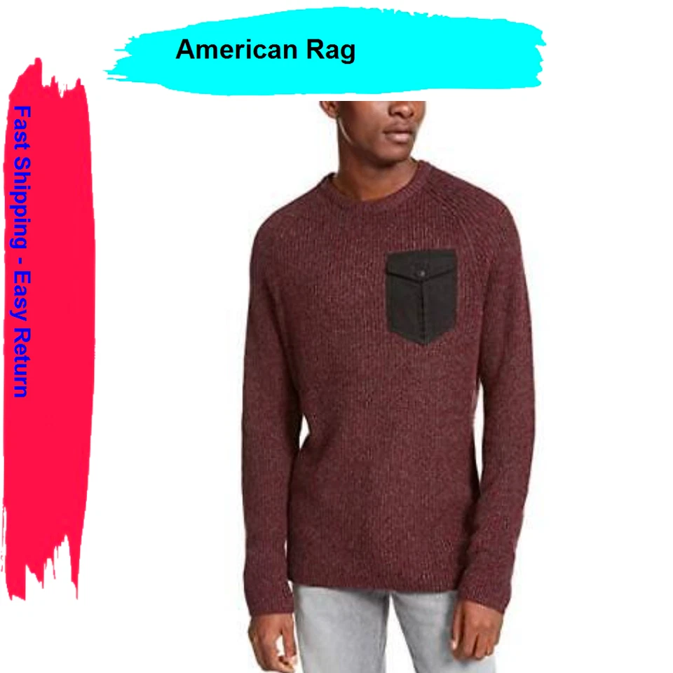 American Rag Mens Sweater Red Size Small S Crewneck Marl Knit Pocket 004