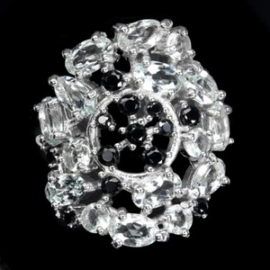 925 Sterlingsilber Oval Aquamarin 5x3mm Schwarz Spinell Ringgröße 8 - Bild 1 von 10