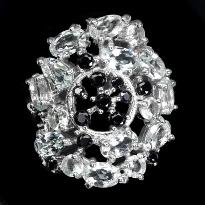 925 Sterlingsilber Oval Aquamarin 5x3mm Schwarz Spinell Ringgröße 8 - Bild 1 von 4