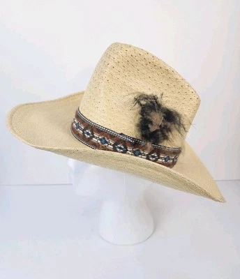 SOMBRERO VAQUERO DE PAJA VINTAGE LEVI'S CON BANDA Y PLUMA LATERAL - TALLA 6 7/8 Foto 1 de 4