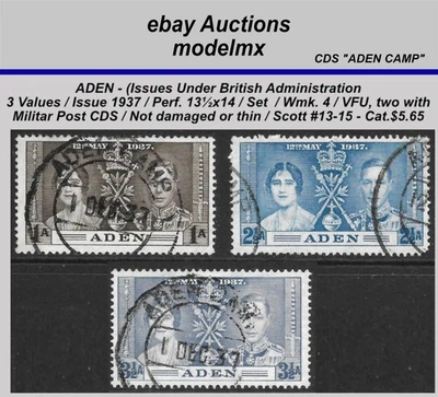 Aden Under British Admin. - 1937, Set Of Three, VFU - Scott #13-15	 -  Cat.$5.65 - Image 1 of 2