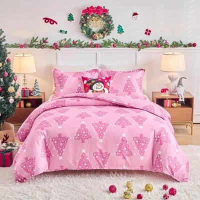3pcs Christmas Duvet Cover Set King, Pink Xmas Tree Design Bedding Set, Inclu... - Image 1 of 4
