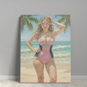 Vtg Retro Beach Woman Palm Trees Oil Painting Bedroom Home Decor Canvas Prints - Picture 1 of 2