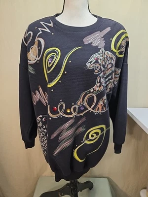 Vintage Rafael Hand Painted Big Cat Leopard Pattern Black Sweatshirt Large EUC  - Image 1 of 4
