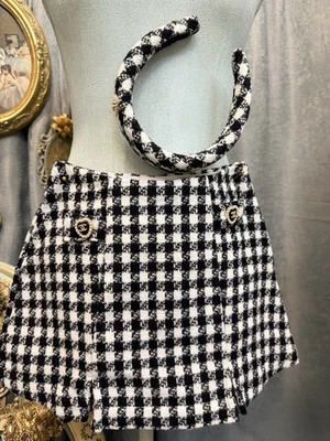Nuevo Pantalón Corto y Diadema Blanco Negro Tweed Pata de Gallo Niñas Talla 6 Foto 1 de 4