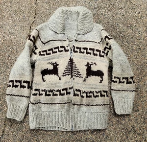Cardigan pull vintage Cowichan Tuak cerf fait main laine canadienne M - Photo 1/7