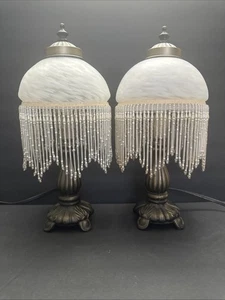 Vintage Boudoir Lamp Victorian Metal Frosted Glass Shade Beaded Fringe Set Of 2 - Picture 1 of 9