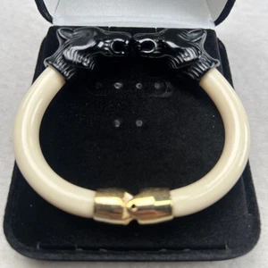 Vtg KIssing Bear Clamp Cuff 6” Gold-Tone White Lucite Bangel Bracelet EUC - Picture 1 of 9