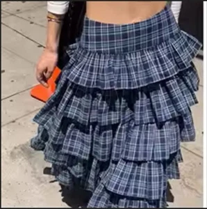 High Waisted Plaid Long Skirt - Size 1 - Blue - New w/o Tags - Picture 1 of 2