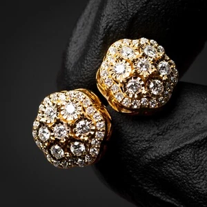 Men's Large 14K Yellow Gold Iced Lab Grown Diamond Flower Cluster Stud Earrings - Picture 1 of 7