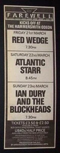 Ian Dury & The Blockheads Hammersmith Odeon 1986 Sm Poster Type Concert Advert - Picture 1 of 1