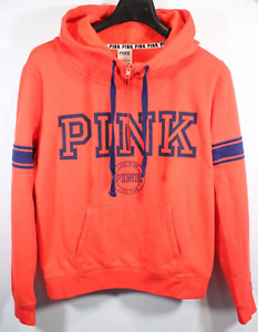 Victoria’s Secret Pink Half Zip Pullover Hoodie Orange/Blue Striped Sleeve Large