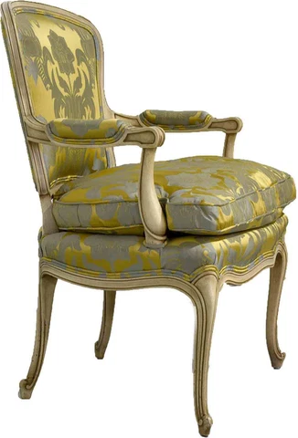 Vintage French Bergere Fine Silk Damask Feather-Down Armchair Gold & Grey Cover