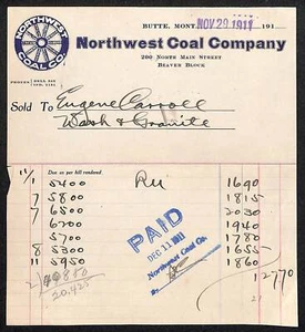 Butte Montana 1911 "Northwest Coal Company" Eugene Carroll Billhead - Picture 1 of 2