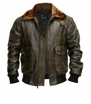 Men's A2 Flying Air Force Cockpit Flight Shirt Collar Leather Bomber Jacket Coat - Image 1 of 4